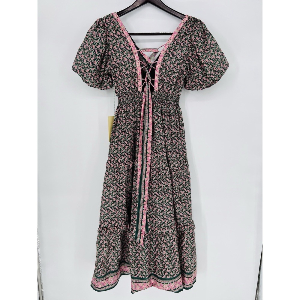 Travota Birds Of Paradise Nellie Dress "Sweet Melba" Midi Green/Pink Floral XS - Picture 9 of 12